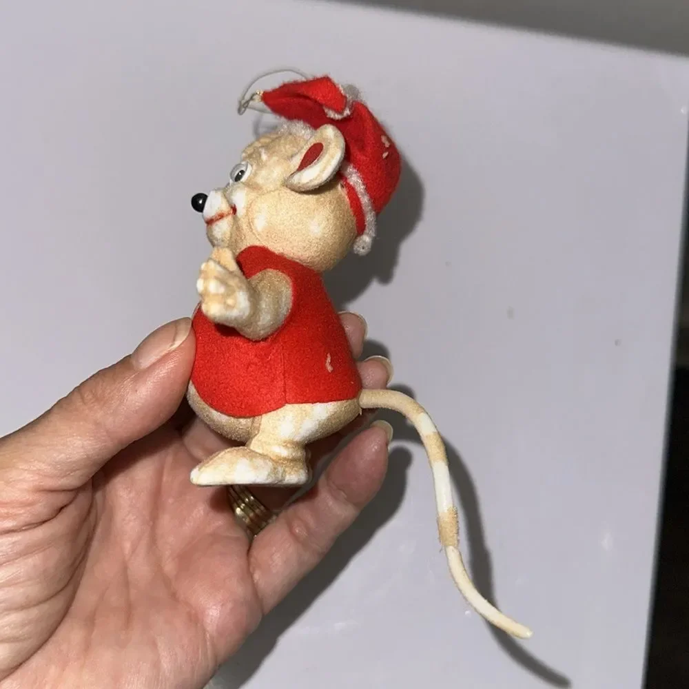 Vintage Flocked Plastic Mouse Christmas Tree Ornament/ Red Outfit & Candy Cane‎